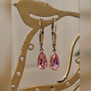 Vintage Pink Gem and Gold Plate, Teardrop Earrings